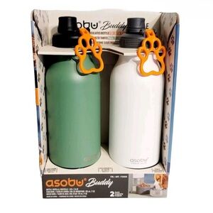 asobu Buddy Vacuum Pet Food And Water 2 bottle Set White Green  NWT dog